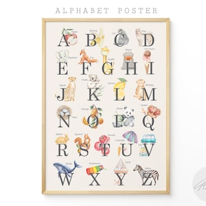 Alfabeto Educativo / Cartel ABC / Decoración de la habitación de los niños / Pared de la guardería / Arte imprimible estético cálido / Descarga digital