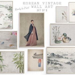 May include: Set of nine vintage Korean-inspired wall art prints. The prints feature a variety of subjects, including a woman in traditional clothing, a lotus flower, a duck, bamboo, a mountain landscape, and a cityscape. The prints are all in a muted color palette and have a vintage aesthetic.