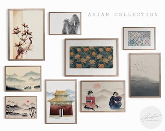 Vintage Japanese Art Gallery Wall Set of 9, Eclectic Asian Gallery Wall Print Set, Japandi Wall Art, Zen Wall Art Gallery, Japanese Print
