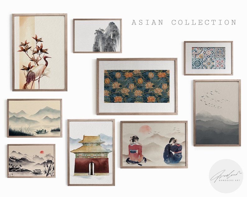 Vintage Japanese Art Gallery Wall Set of 9, Eclectic Asian Gallery Wall ...