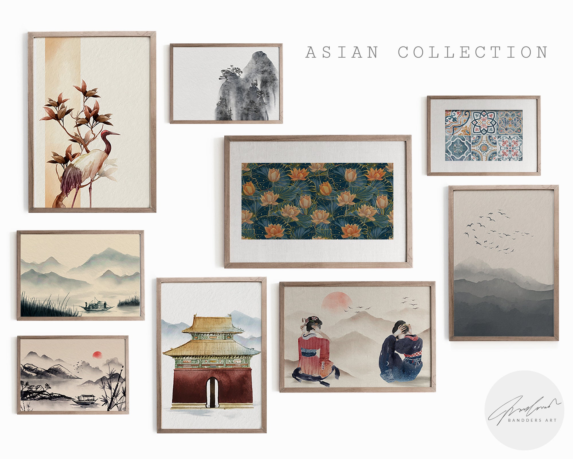 Vintage Japanese Art Gallery Wall Set of 9, Eclectic Asian Gallery Wall Print Set, Japandi Wall