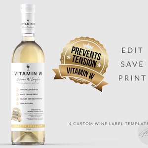 Vitamin W Wine Labels, Funny Wine Labels, Wine Gifts, Custom Labels, Unique Wine Gifts, Wine Lover Gift, Friend Gift, Personalized Wine