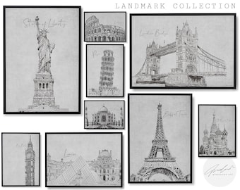 Landmark Sketch on Canvas | Set of 9 | Canvas Textured Gallery Wall Set | Printable Decor | Modern Aesthetic | Highly Detailed Poster