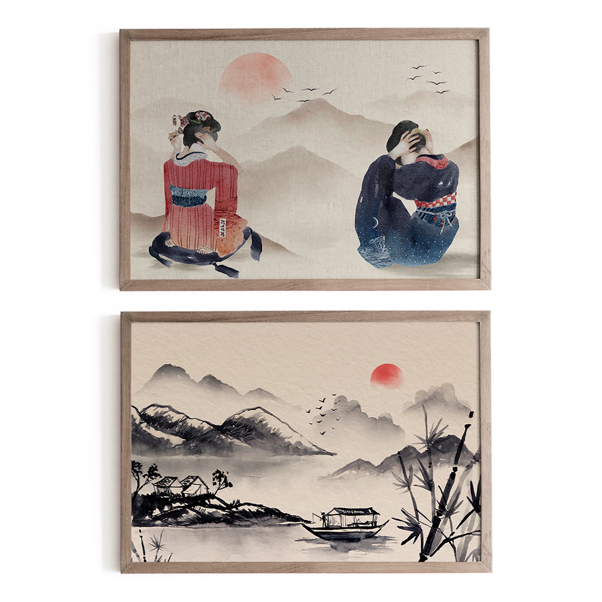 Vintage Japanese Art Gallery Wall Set of 9, Eclectic Asian Gallery Wall ...