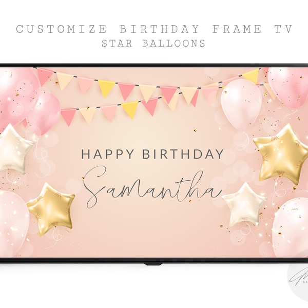 Personalized Samsung Frame TV Art | Star Balloons | Happy Birthday | Pink Birthday Art | Rainbow TV Frame | Custom Art | Digital Download