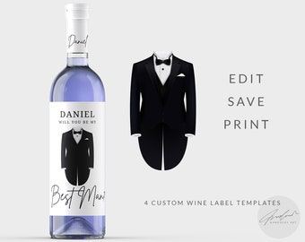 Etiquetas para botellas de vino para propuesta de novios con esmoquin negro, regalos para novios, propuesta de padrino, caja de regalo para novios, regalos para despedidas de soltero, regalos de vino.