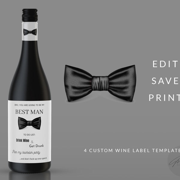 Bow Tie Groomsmen Proposal Wine Bottle Labels, Funny Gift groomsmen, Best Man Proposal, Groomsmen Gifts, Best man Gift, Groomsman Gift