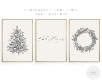 May include: Set of three framed minimalist Christmas wall art prints. The prints feature a detailed illustration of a Christmas tree, a wreath, and the words "Merry Christmas and Happy New Year" in elegant script.
