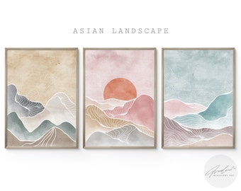 Prachtige Japanse landschapskunst aan de muur, Aziatische schilderij digitale download, Japans schilderij aquarel, woondecoratie, landschapskunst aan de muur