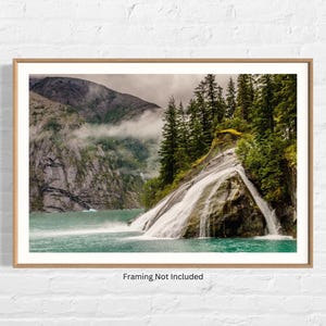 Waterfall Print in Tracy Arm Fjord - Alaska Landscape Photography with Iceberg & Spruce Trees - Paper, Metal, or Canvas Wall Art