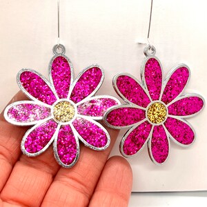 Vintage bright pink glitter and silver tone spring flower earrings