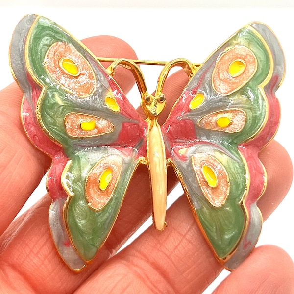 Broche papillon vintage dorée avec rose jaune vert violet gris