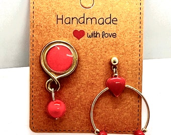 Upcycled Mismatched red heart Earrings