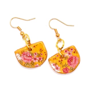 Boho Rose Gold Earings, polymer clay earrings, foil resin earrings, half circle round earrings