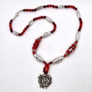 Chinese Dragon Red and Silver handmade bead necklace