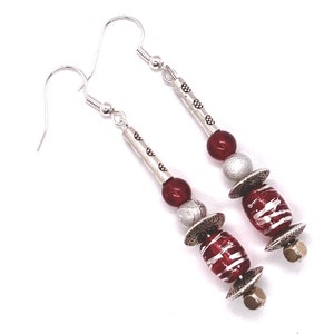 Silver Red Sparkle Earrings, shiny dangle earrings
