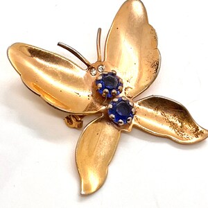 Vintage Butterfly Brooch Pin gold Tone blue rhinestones
