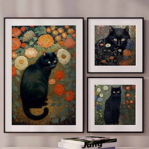 Gustav Klimt Garden Cat  Gallery Wall Set, Klimt Flowers Cat Poster, Black Cat Art, Floral Print, Eclectic Gallery Wall Art Prints Download