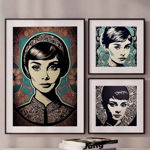 Madhubani Audrey Hepburn Eclectische Gallery Wall Art Set van 3, Audrey Hepburn Poster Print, Vintage Print, Afdrukbare Maximalistische Kunstafdrukken