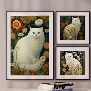 Gustav Klimt Garden Cat Eclectic Gallery Wall Art Set of 3, Printable Maximalist Art Print Download, Klimt Flowers White Cat Art Download
