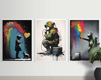 Set di stampe artistiche di graffiti ispirate a Banksy: decorazioni murali eclettiche (download digitale)