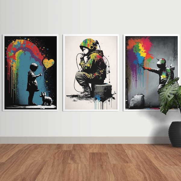 Banksy Eclectic Gallery Wall Set of 3, Printable Banksy Poster, Banksy Wall Art, Street Art Poster, Graffiti Wall Art, Graffiti Poster Print
