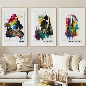 Thailand Bangkok Peru Barcelona Travel Print Eclectic Gallery Wall Set of 9, Travel Art, City Print, Country Print, Banksy Digital Download