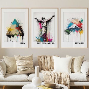 Travel Print Eclectic Gallery Wall Set of 3, Travel Art, City Print, Country Art, Banksy Digital Download, Printable Maximalist Art Prints