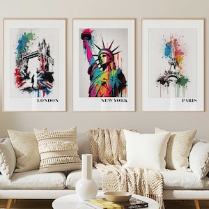 Travel Print Eclectic Gallery Wall Set of 3, Travel Art, City Print, Country Art, Banksy Digital Download, Gallery Wall Set, Printable Art