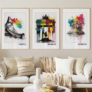 China Berlin Athens Travel Print Eclectic Gallery Wall Art of 3, Travel Art, City Print, City Art, Country Print, Banksy Digital Download