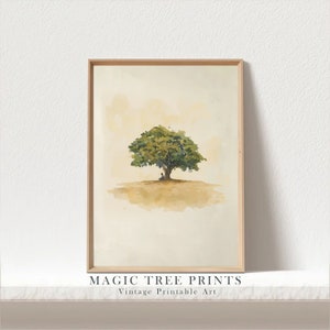 May include: A watercolour painting of a large tree with a person sitting beneath it. The tree is green and the background is a light brown.