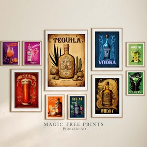 Arte de impresiones de carrito de bar, accesorios de carrito de bar, conjunto de pared de galería ecléctica con impresión de cócteles de 12, carteles de cócteles retro, arte de bebidas imprimibles