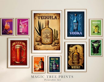 Impressões de arte de coquetéis retrô: galeria de parede com carrinho de bar eclético (download digital)