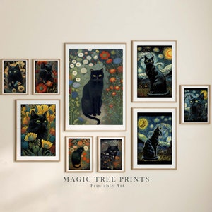 Vincent Van Gogh&#39;s The Starry Night Cat Eclectic Gallery Wall Set of 9, Gustav Klimt Cat Poster, Printable Maximalist Art Prints Download