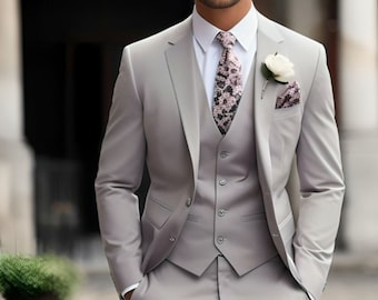 Men's Light Grey 3 Piece Suit Wedding Party Suits Formal Casual Suits For Men