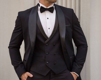 Schwarzer 3-teiliger Herrenanzug mit Schalkragen, zweireihige Weste, Hochzeits-Party-Anzüge, formelle Freizeitanzüge für Männer