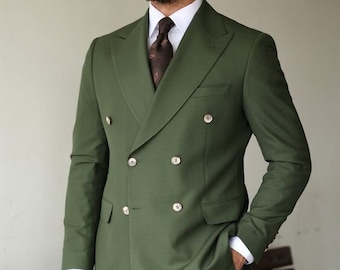 Men&#39;s Double Breasted Green 2 Piece Suit Gentleman&#39;s Peak Lapel 6 Buttons Suit For Him.