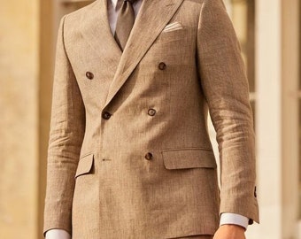 Men's Khaki Double Breasted Pure Linen Suit 2 Piece Suit For Men.