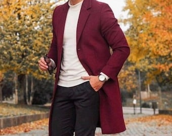 Men's Maroon Overcoat Woolen Knee Length Long Coat Casual Long Coat Trench Coat Winters Wear Coat For Men.