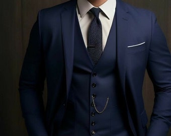 Men&#39;s Blue 3 Piece Suit With Notch Lapel Wedding Dinner Party Suits Formal Suits For Men