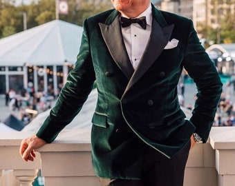 Herren-Blazer aus grünem Samt, zweireihig, spitzes Revers, für Hochzeit, Party, formeller Freizeit-Blazer für Männer