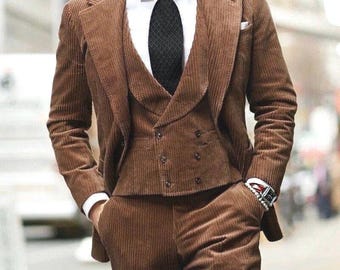 Abiti da uomo in velluto a coste marrone, 3 pezzi, per matrimoni, feste, formali, casual, su misura per uomo