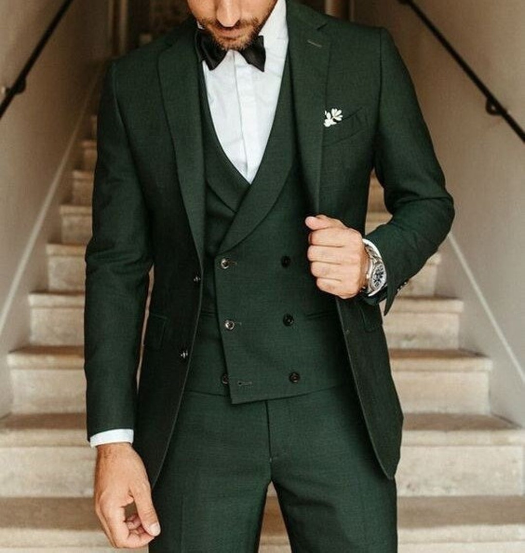 Abito da uomo a pezzi, verde, con gilet doppiopetto, vestibilità