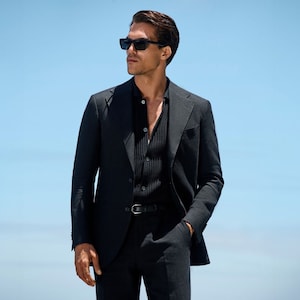 Men's Black Pure Linen 2 Piece Suits Peak Lapel Wedding Party Beach Wedding Event Suits Casual Suit For Men