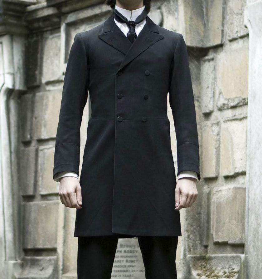 1920's Black Double Breasted Victorian Frock Coat  Tweed Overcoat Winter Coat Christmas Gift for him.