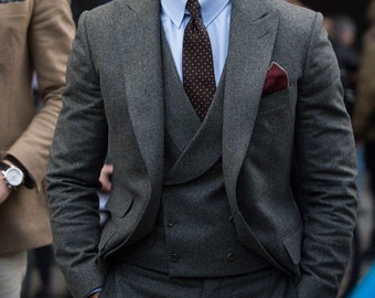 Men&#39;s Tweed Grey 3 Piece Suit Peak Lapel Business Formal Suit Wedding Dinner Party Suits For Men
