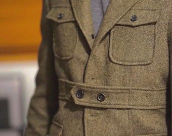 Men's camel Brown Pure Wool Safari Jacket, Hunting Safari Jacket, Winter Blazer For men Vintage Safari Jacket.