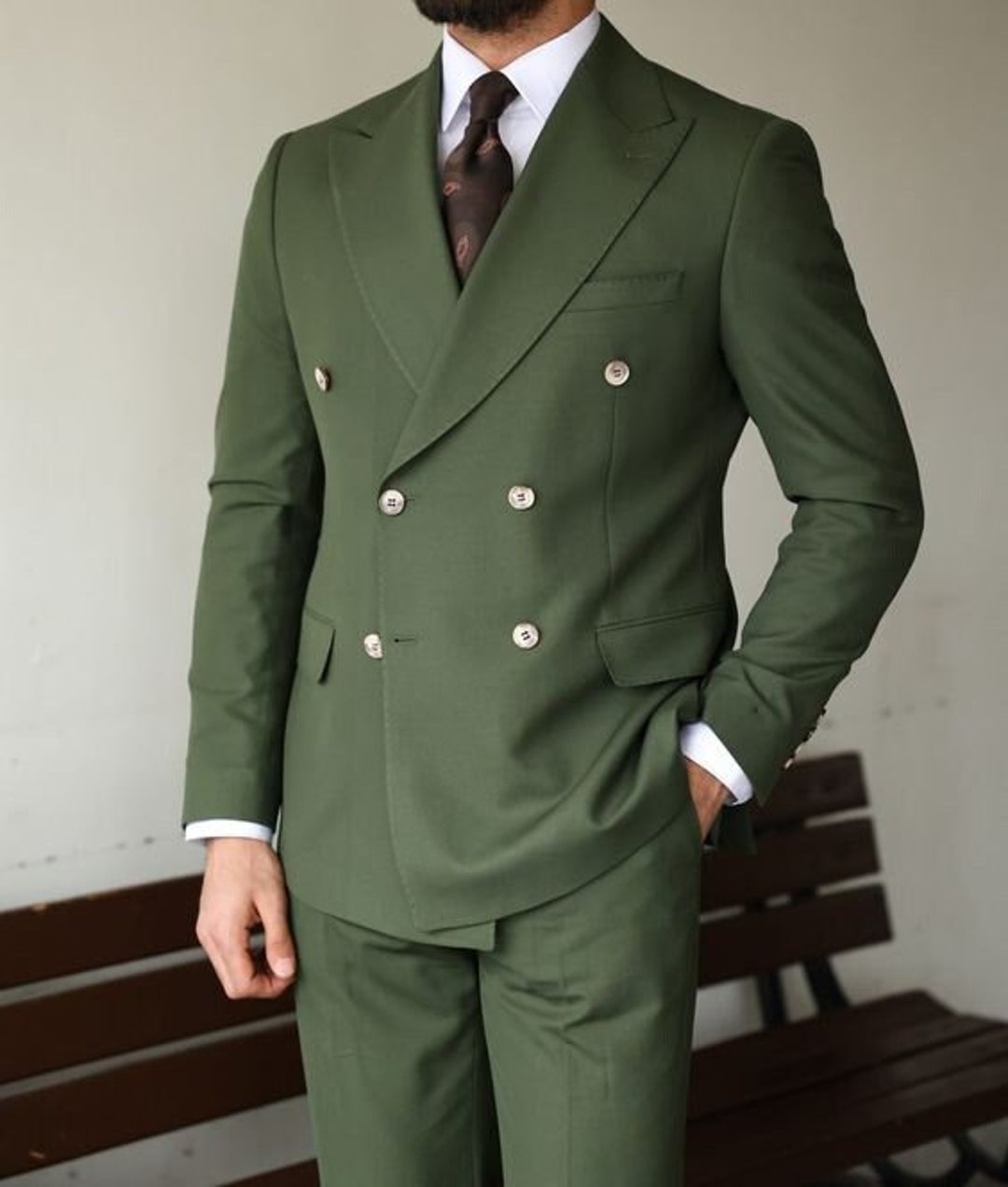 Men's Double Breasted Green 2 Piece Suit Gentleman's Peak Lapel 6