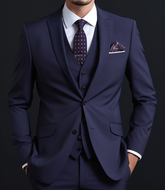 Men's Navy Blue 3 Piece Suit Notch Lapel Business Formal Suit