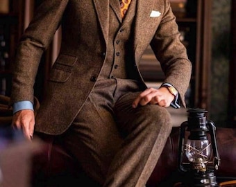 Men's Retro Suit Brown Wool 1920s 3 Piece Suit Gentleman's Tweed Suit For Men.